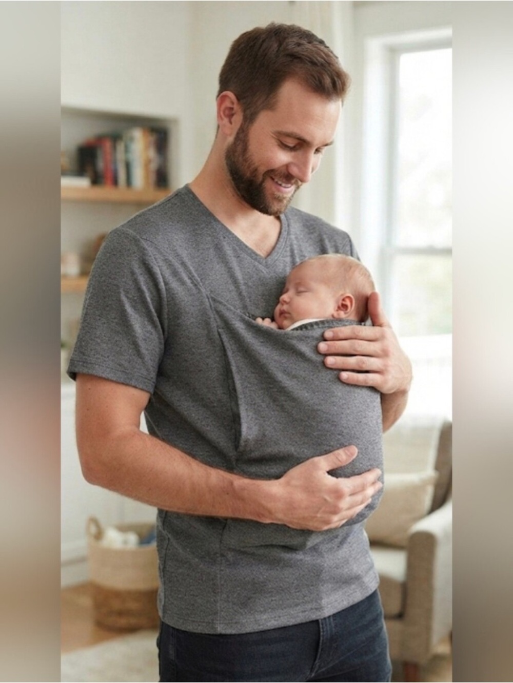 Lalabu The Dad Shirt Babywearing Kangaroo Pouch Carrier V-Neck Tee Gray Medium